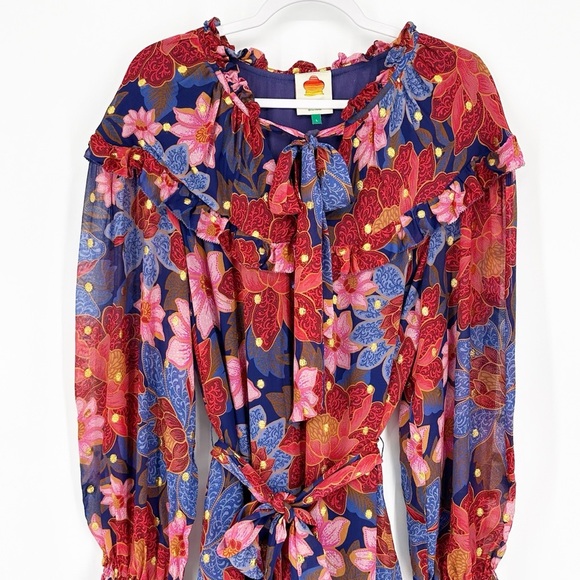 Farm Rio Garden Ruffle Long Sleeve Belted Midi Dress - Picture 6 of 9